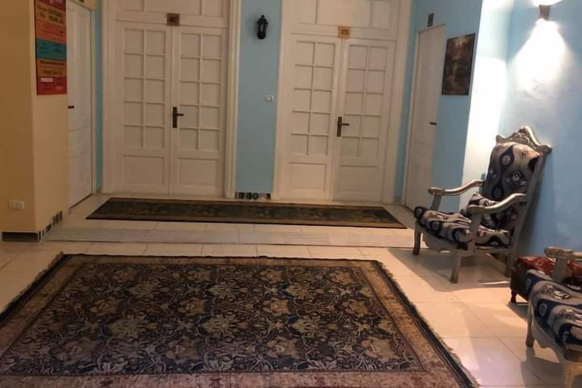 A room with two white doors, a patterned rug, and a decorative chair.