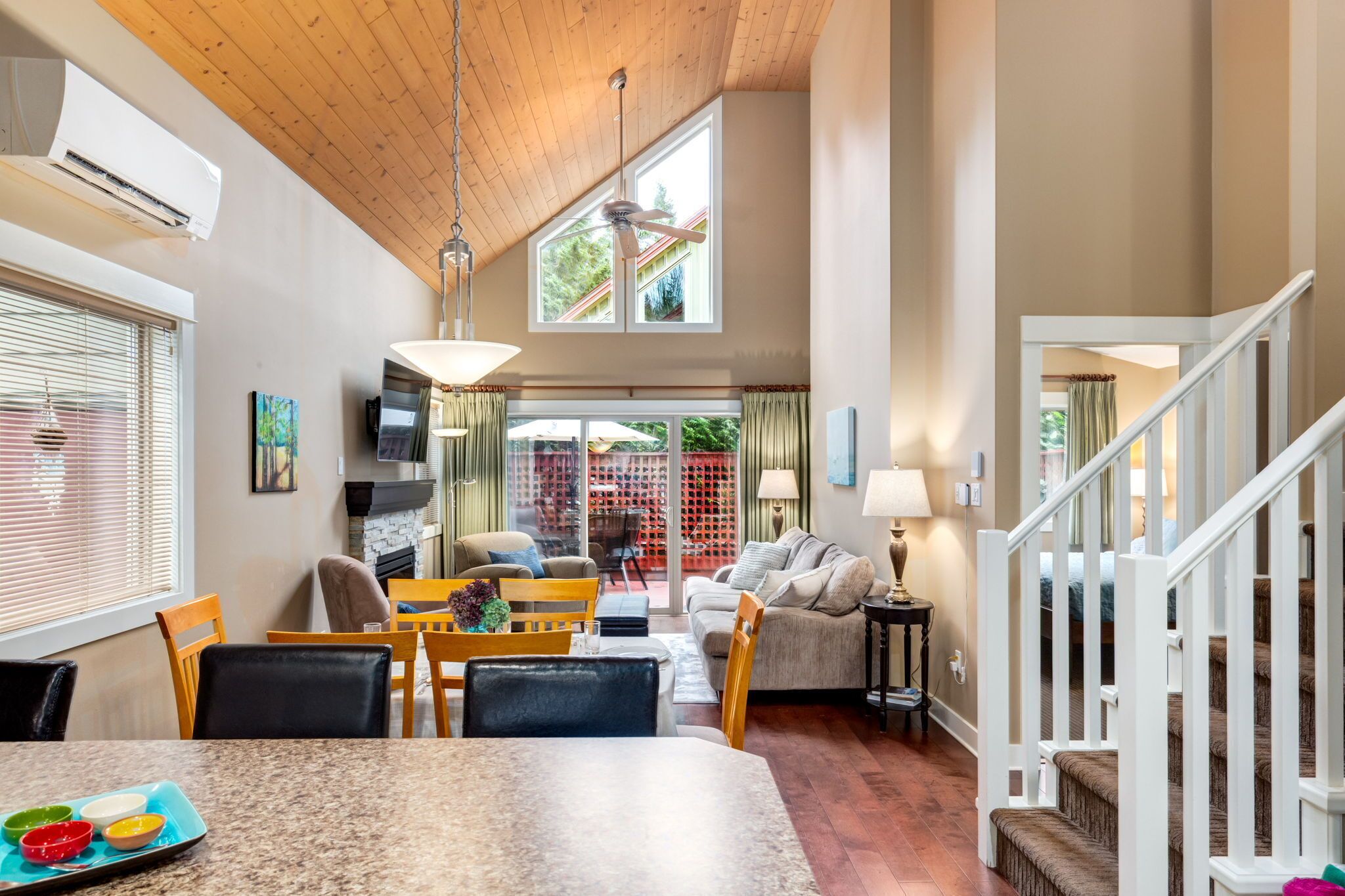 Smart TV, fireplace, books