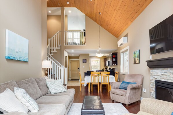 Smart TV, chimenea y libros 