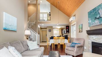 Smart TV, fireplace, books