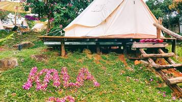 A tent set up on a grassy area with scattered flower petals.