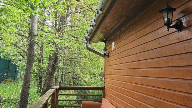 Una terraza de madera con un banco y un letrero, rodeada de árboles verdes y frondosos.