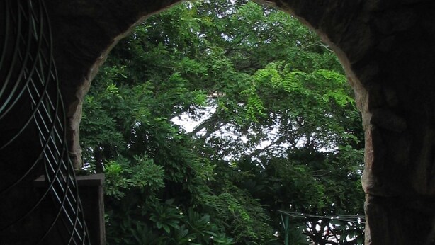 A stone archway leading to a swimming pool with a tiled edge, surrounded by lush greenery.