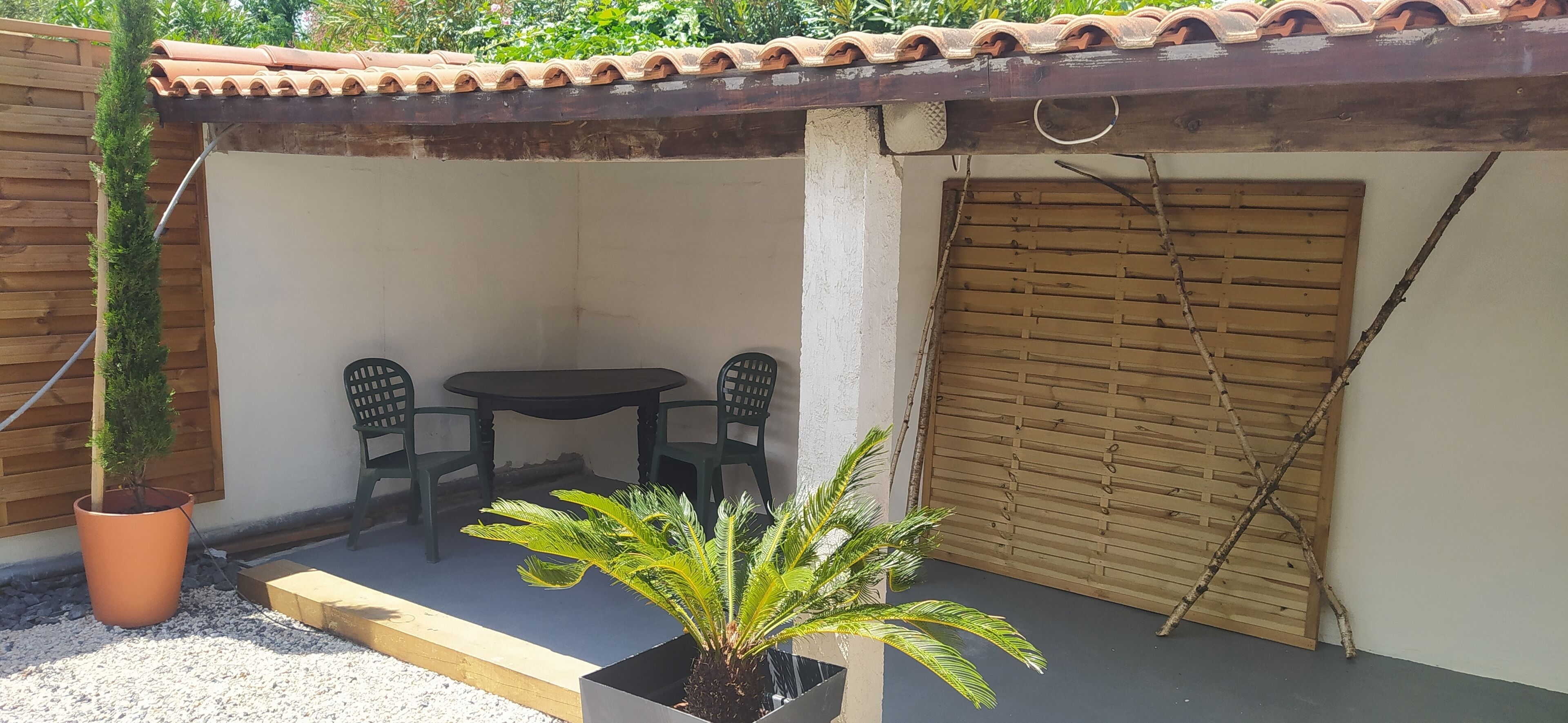 A small patio with a table and chairs, a potted plant, and a wooden door.