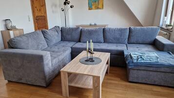 Smart TV, fireplace, books, stereo