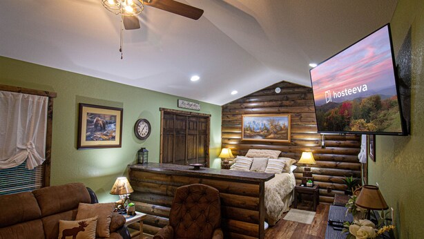 A cozy log cabin-style room with a bed, a chair, a sofa, and a television displaying 'hosteeva'.