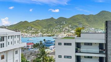 Un paisaje costero con un puerto deportivo, edificios residenciales y colinas verdes exuberantes al fondo.