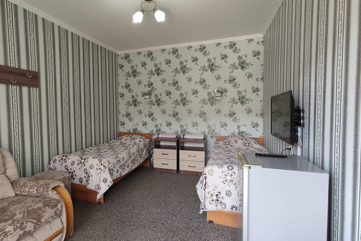 A bedroom with two single beds, a sofa, a desk, and a TV.