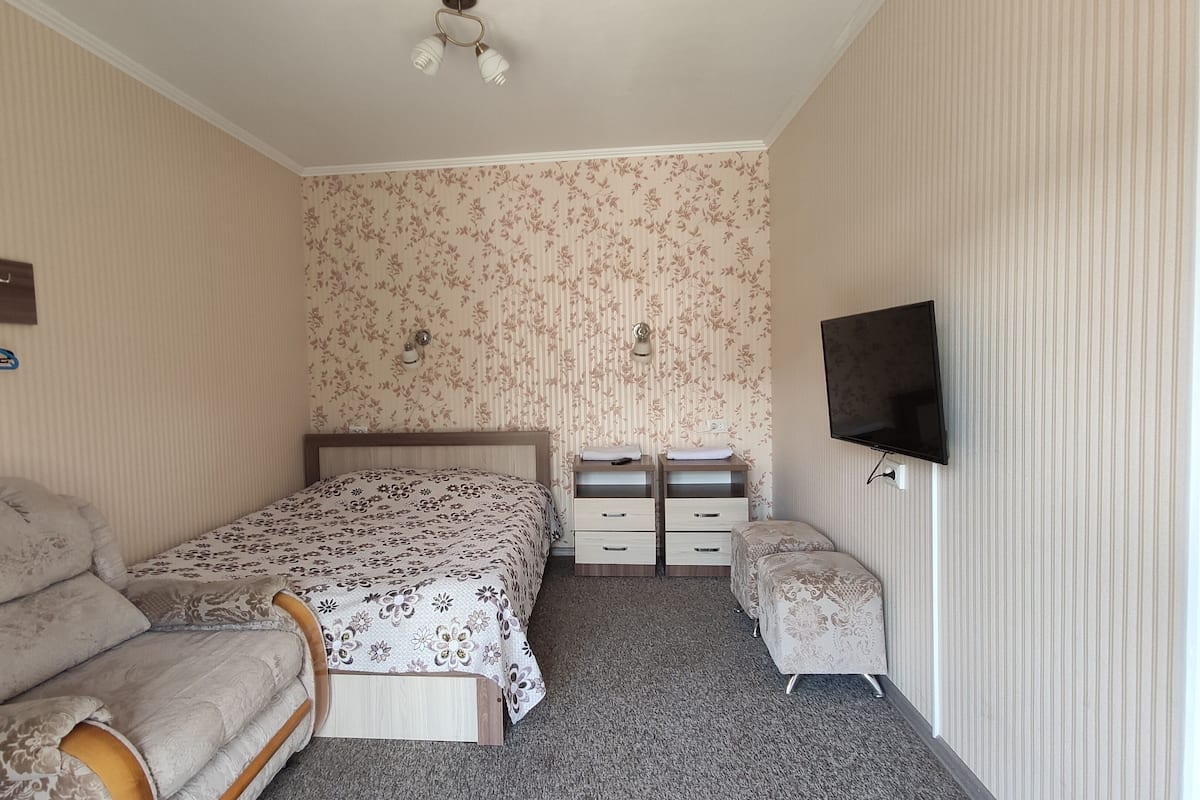 A bedroom with a bed, a dresser, a TV, and a hanging clothes rack.