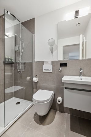 Eco-friendly toiletries, hair dryer, towels, soap