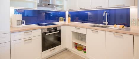 Fridge, oven, stovetop, coffee/tea maker