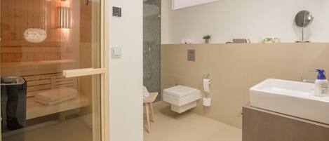 A modern bathroom with a glass-enclosed sauna, a toilet, a sink, and a mirror.