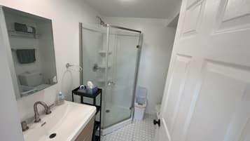 Shower, towels, toilet paper