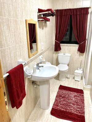 Shower, hair dryer, towels, soap