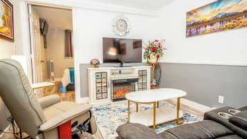 Smart TV, fireplace, books