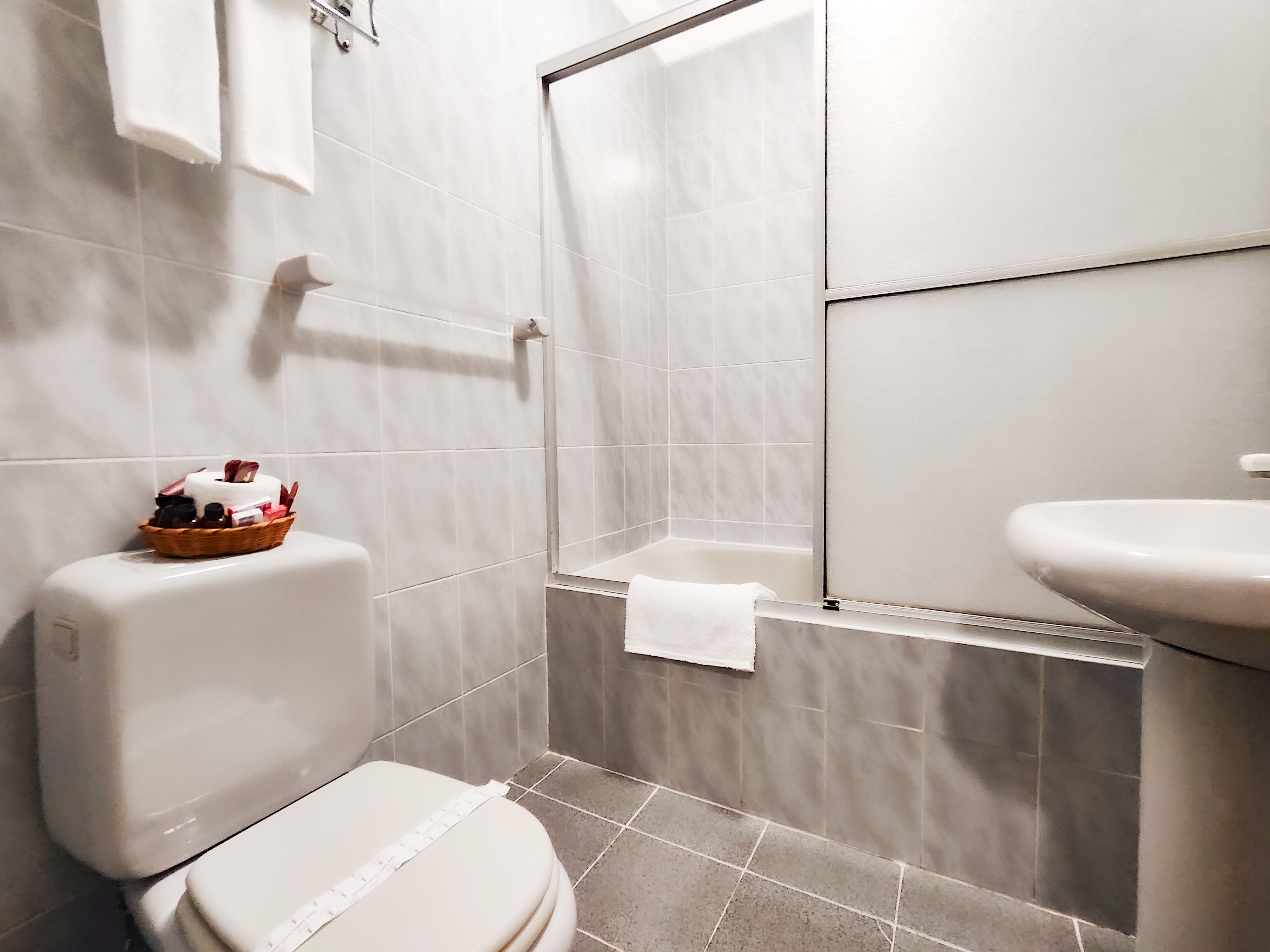 Ein Badezimmer mit Toilette, Dusche und Waschbecken.