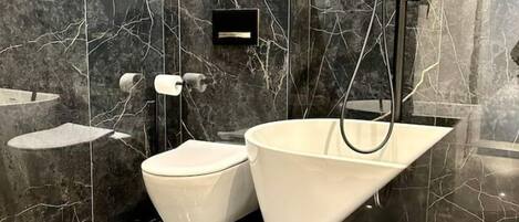 Hair dryer, towels, soap, toilet paper