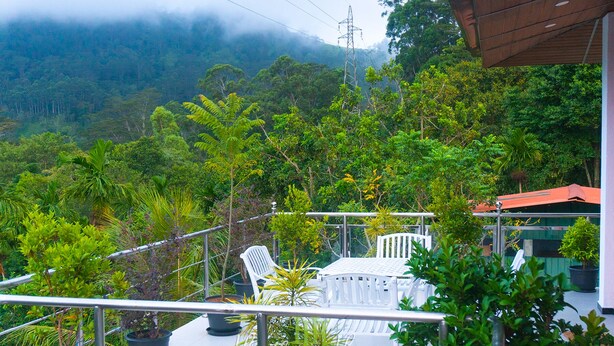 Un balcón con una mesa y sillas blancas, rodeado de plantas en macetas y vistas a un área boscosa exuberante.