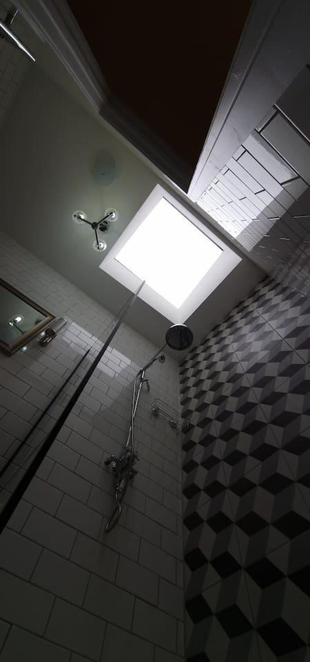 A bathroom with a skylight, a shower, and a checkered floor.