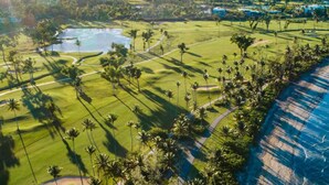 An aerial view of a golf course with palm trees, a water body, and a coastal area.