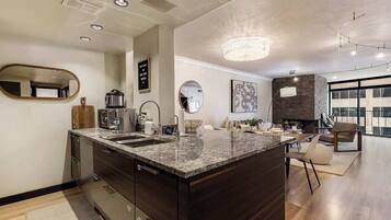 Fridge, microwave, oven, coffee/tea maker