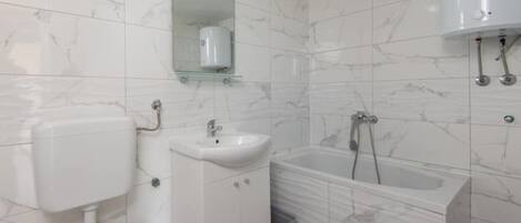 Hair dryer, towels, soap