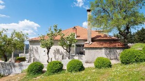 Una casa con tetto in tegole rosse, immersa nel verde e circondata da alberi.