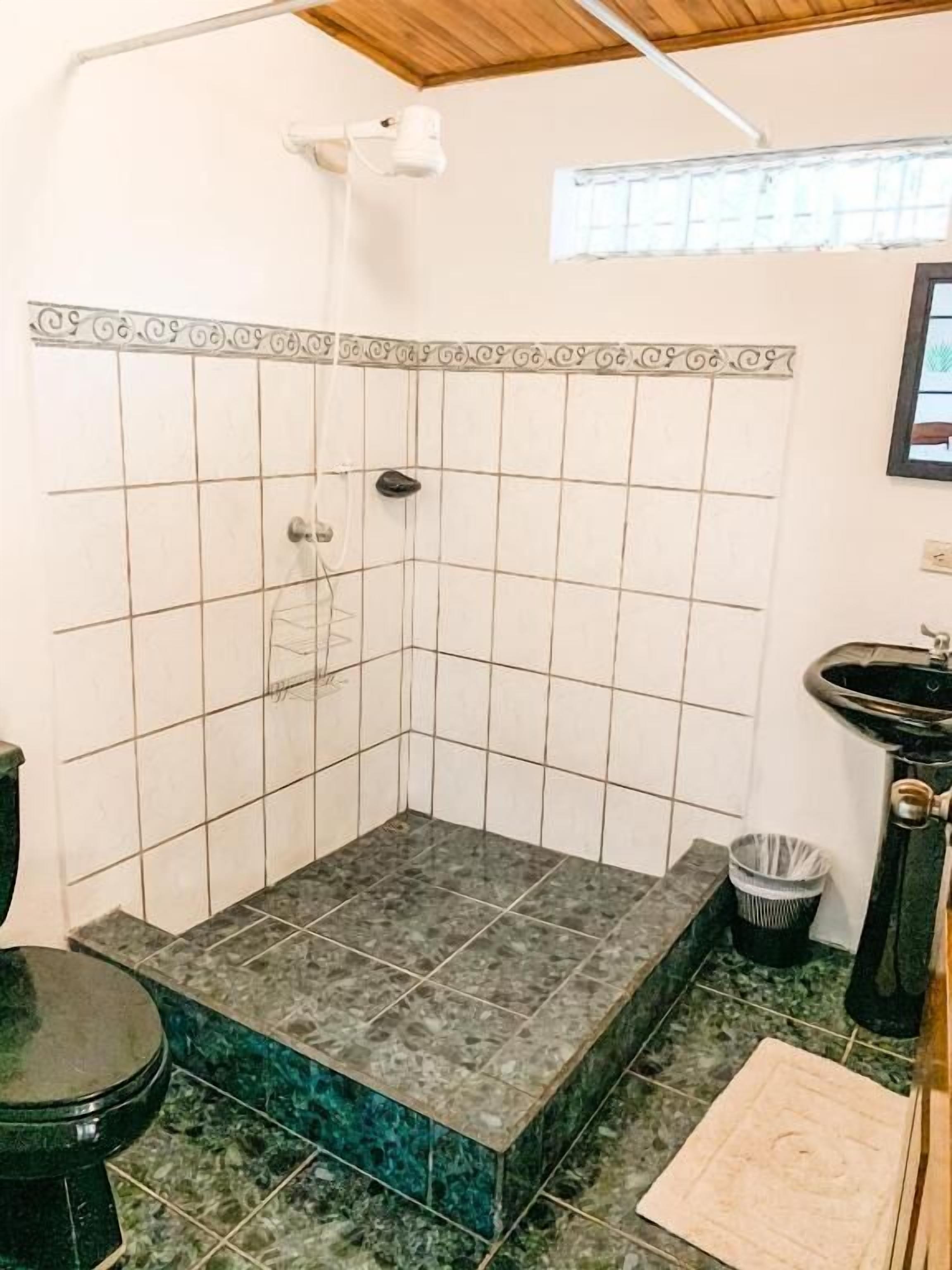 Un baño con zona de ducha, lavabo e inodoro.