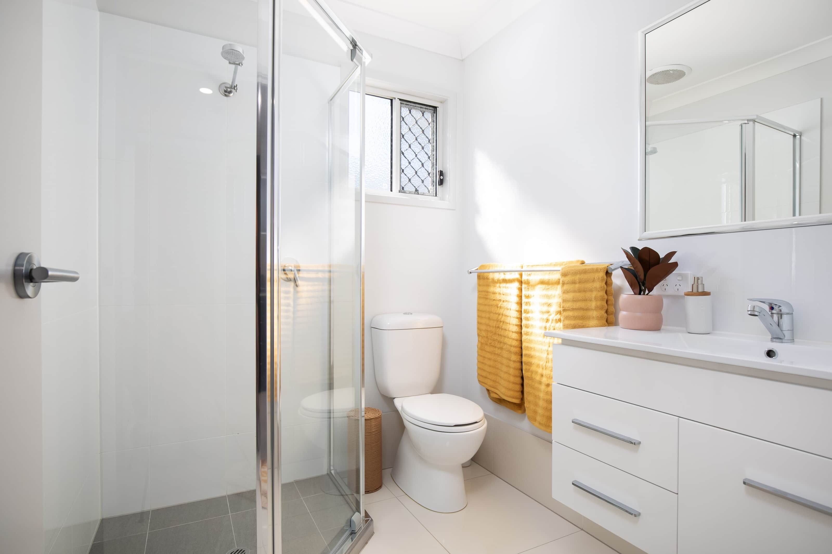 Shower, hair dryer, soap, shampoo