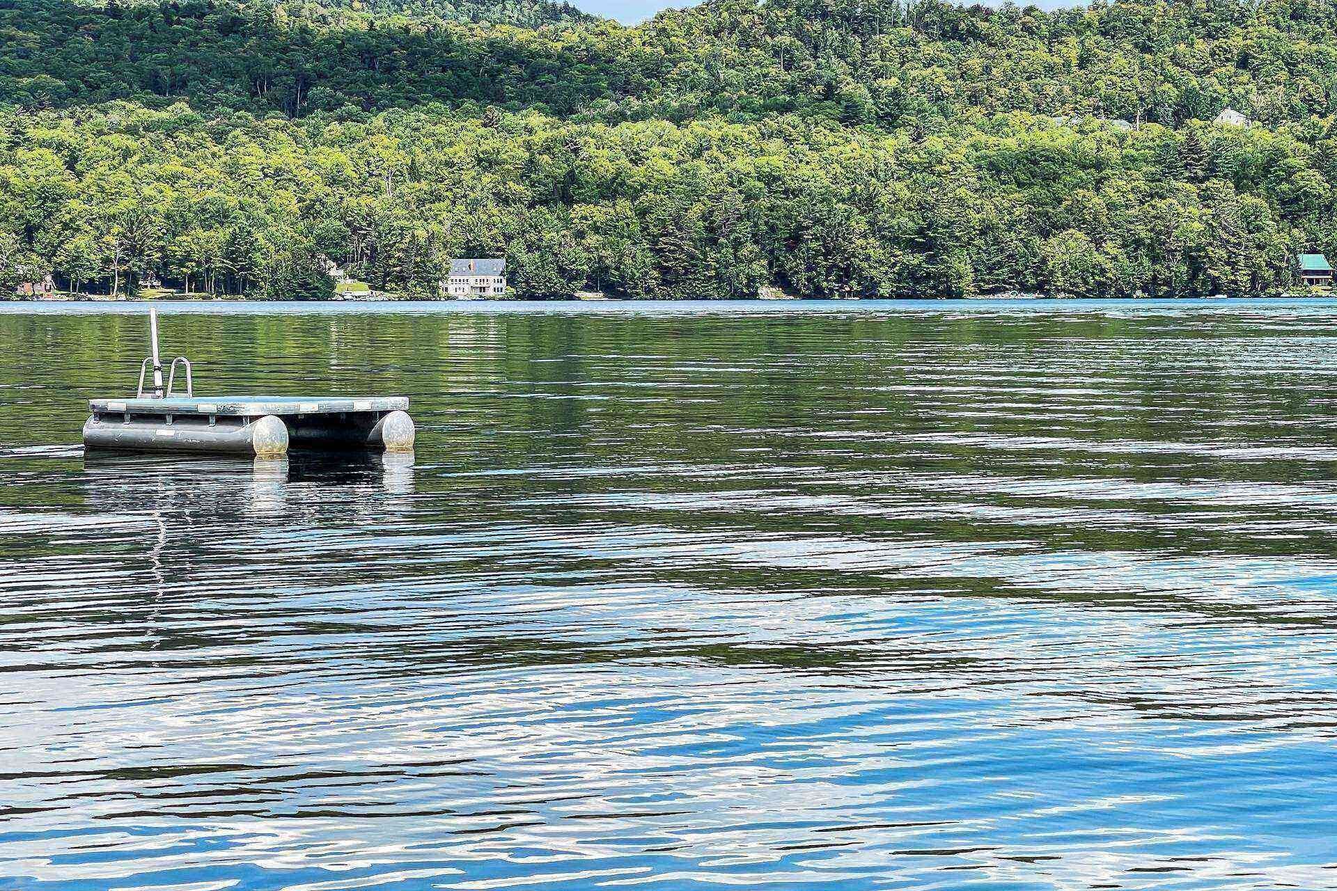 A dock with a boat moored in calm water, surrounded by dense forest.
