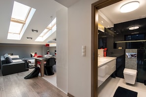 Douche, sèche-cheveux, serviettes fournies, savon