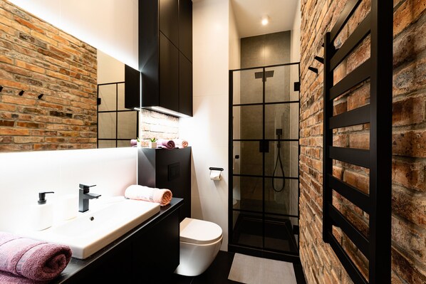 Shower, hair dryer, towels, soap