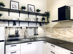 Fridge, microwave, coffee/tea maker, electric kettle