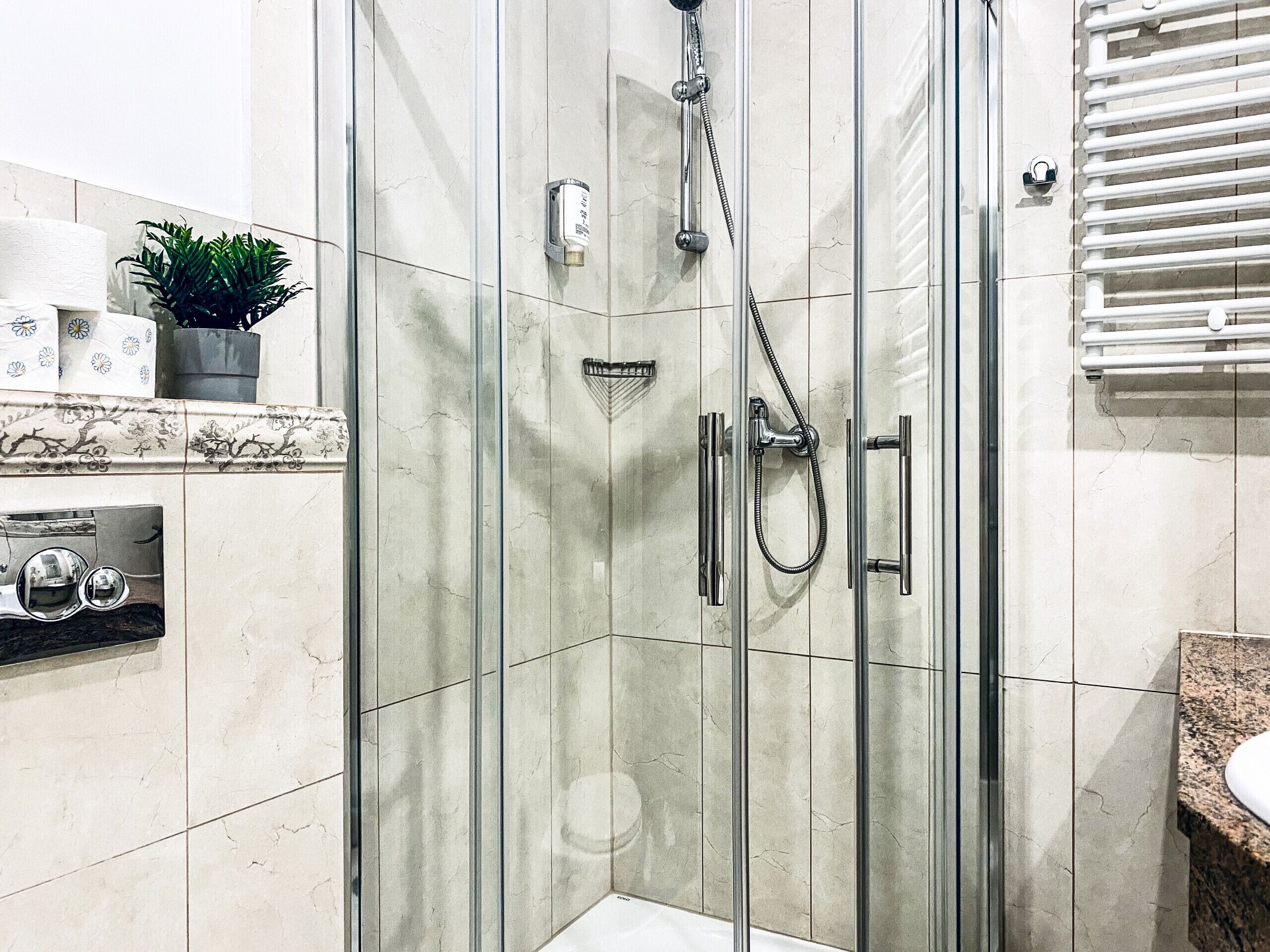 Regadera, secadora de cabello, toallas, jabón 