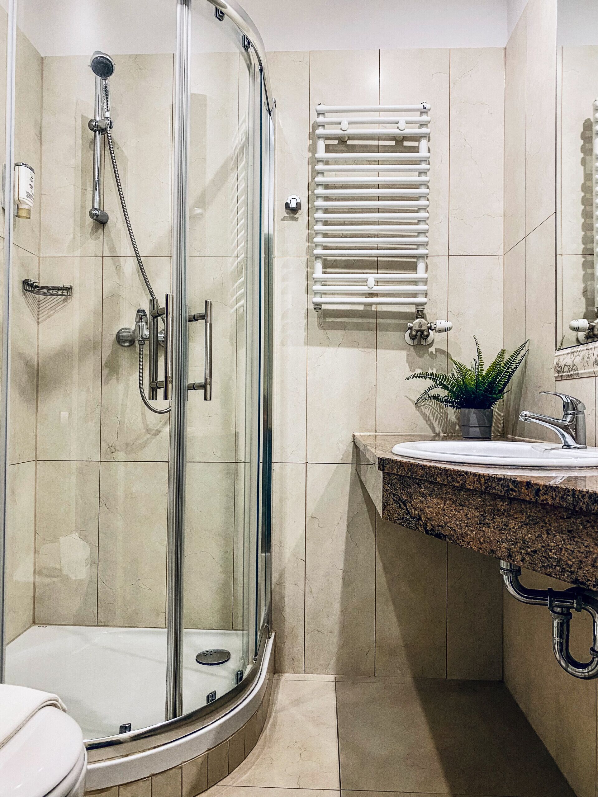 Regadera, secadora de cabello, toallas, jabón 