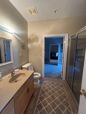 Jetted bath, hair dryer, towels, toilet paper