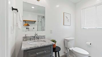 Shower, hair dryer, towels, shampoo