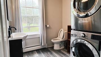 Hair dryer, towels, soap, shampoo