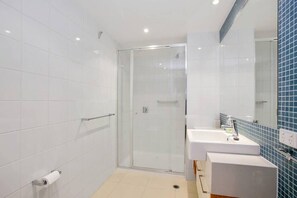 Shower, hair dryer, shampoo
