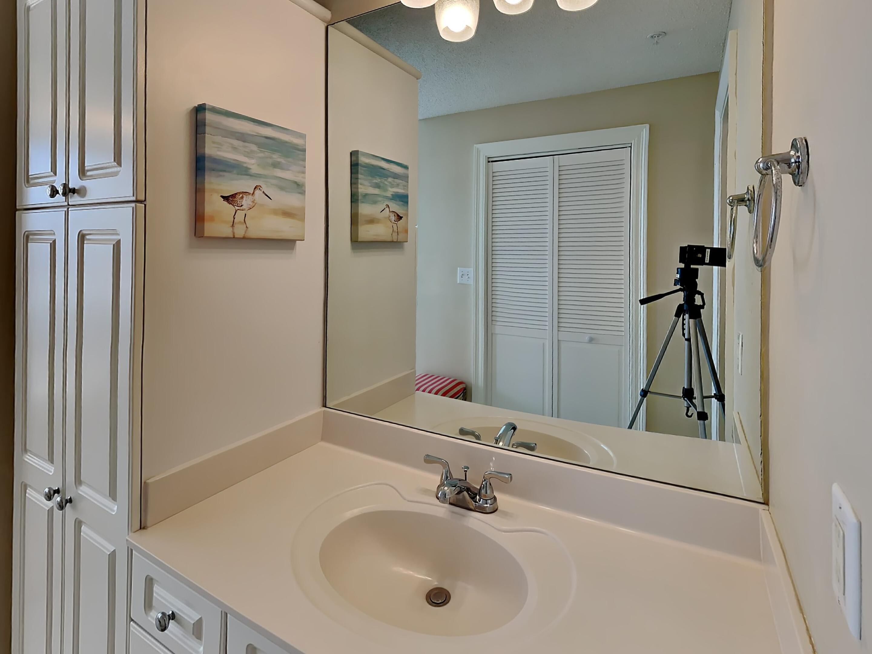 A bathroom with a white sink, a mirror, and two framed pictures on the wall.