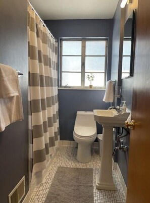 Hair dryer, towels, soap, shampoo