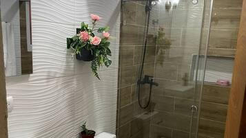 Hair dryer, towels, soap, toilet paper