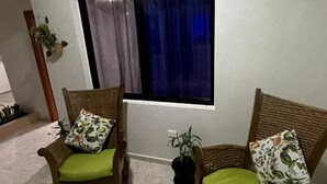 Dos sillas de mimbre con cojines verdes y almohadas estampadas, ubicadas frente a una ventana con cortina azul.