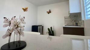 A modern kitchen with white cabinets, a countertop, and a ceiling light. - Las Mariposas Suite Apt. 1 (Carolina)