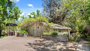 A rustic cabin with a brick patio, surrounded by lush greenery and trees. - House + 2 Studios- 3 blocks from the Plaza! (Ashland)