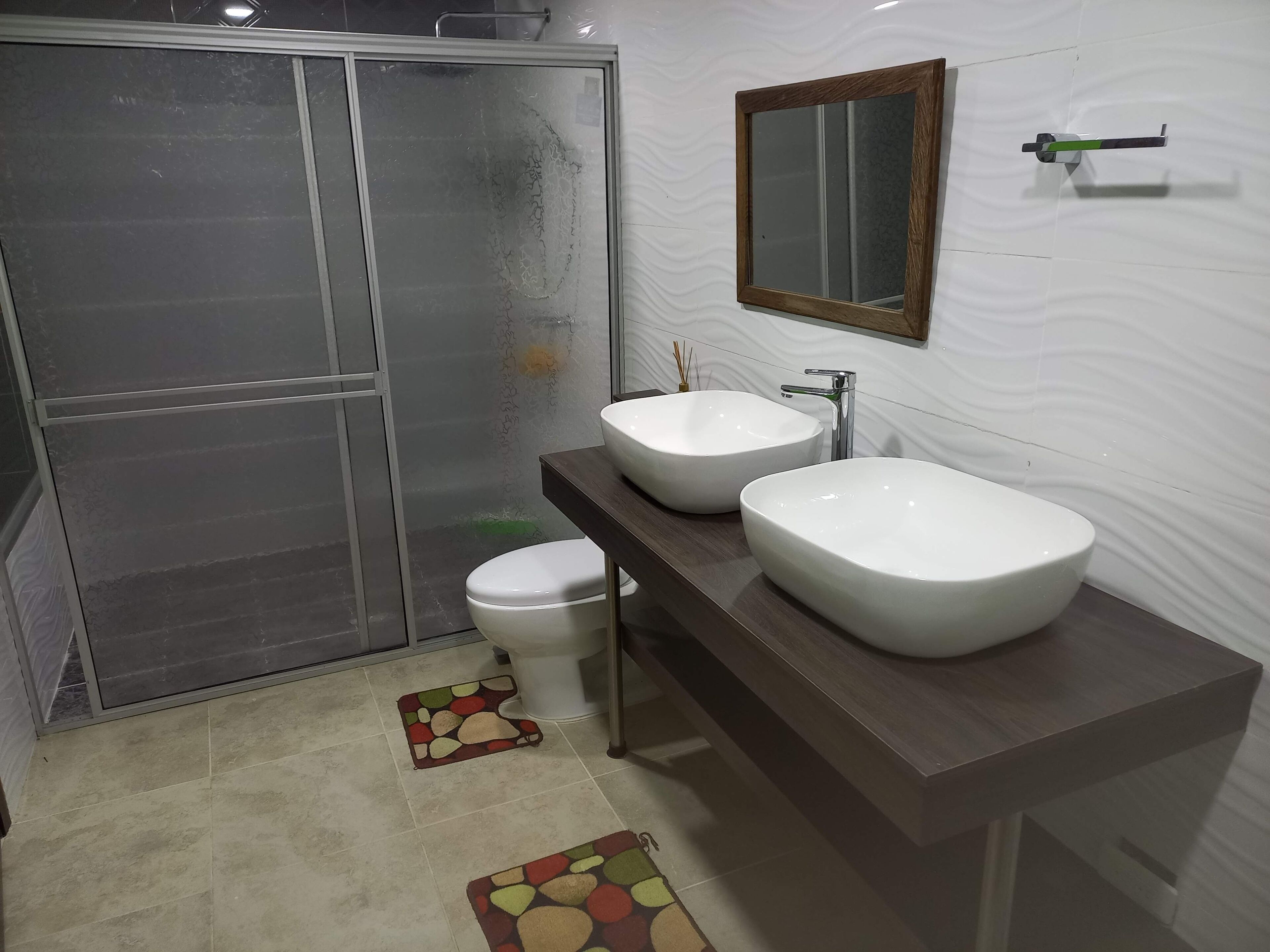 Shower, hair dryer, bidet, towels