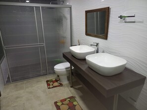 Shower, hair dryer, bidet, towels