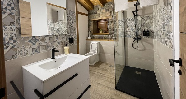 Regadera, secadora de cabello, toallas, jabón 