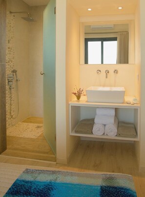 Shower, hair dryer, towels