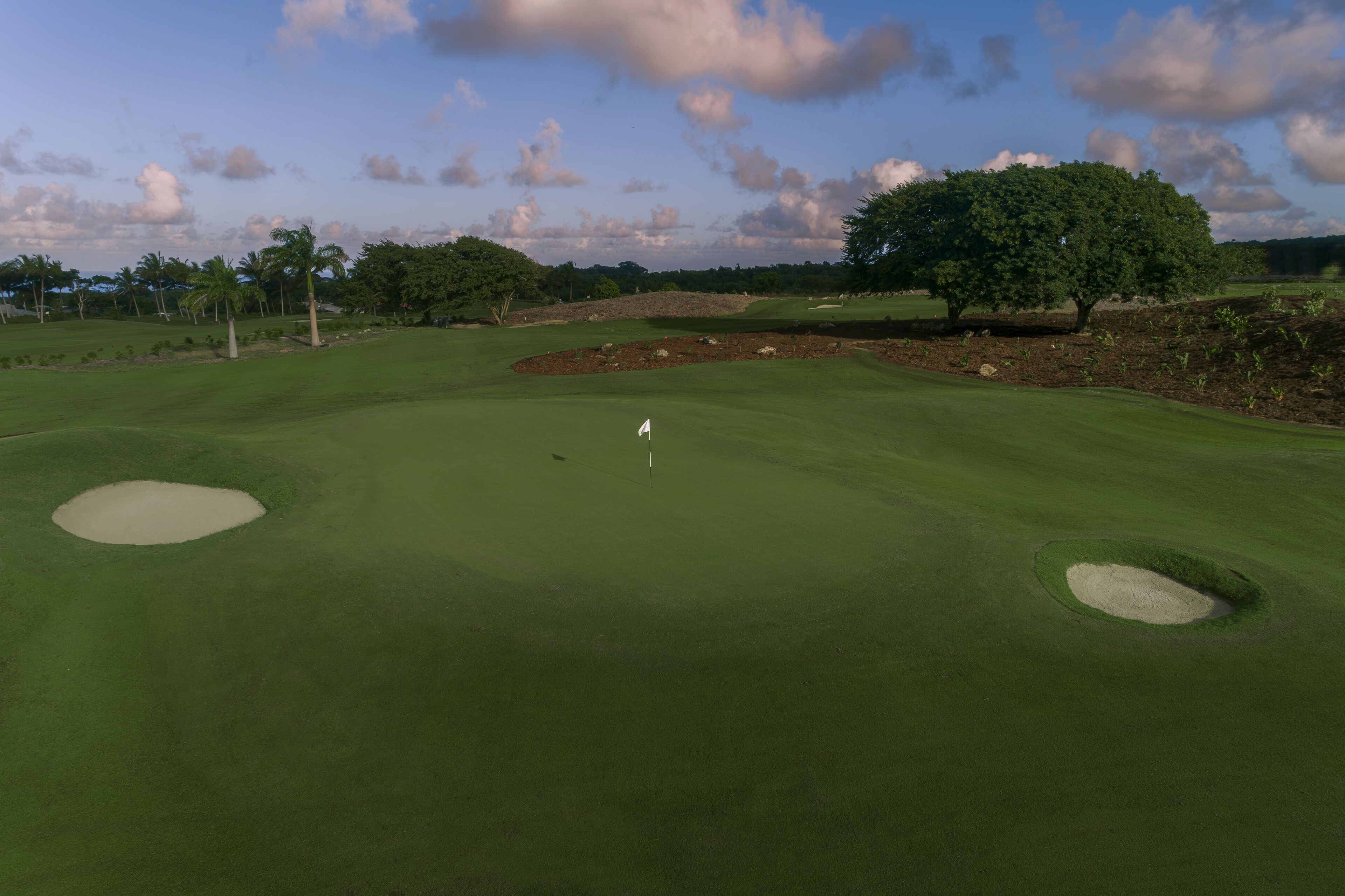 A golf course with bunkers, a flag, and trees.
